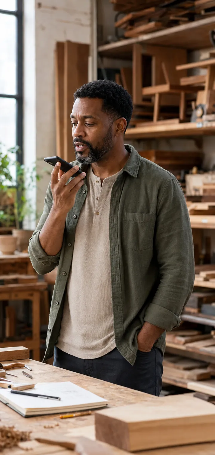 A Black small-business owner talking with the Hive Guide in his workshop